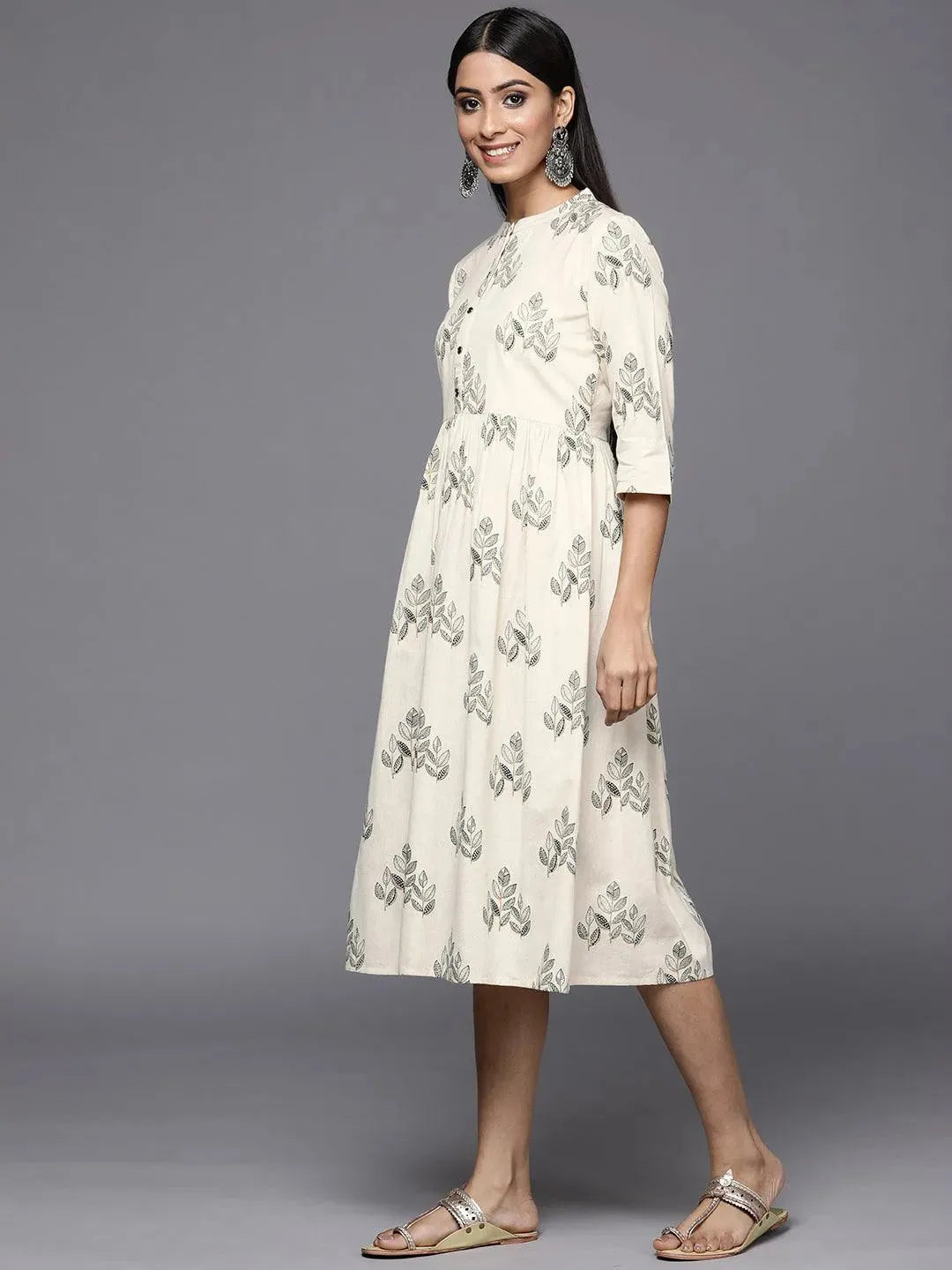 Off White Printed Cotton Fit and Flare Dress - Libas