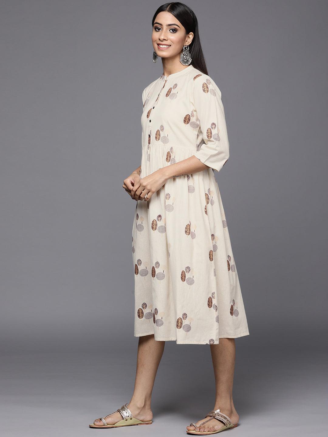 Off White Printed Cotton Fit and Flare Dress - Libas