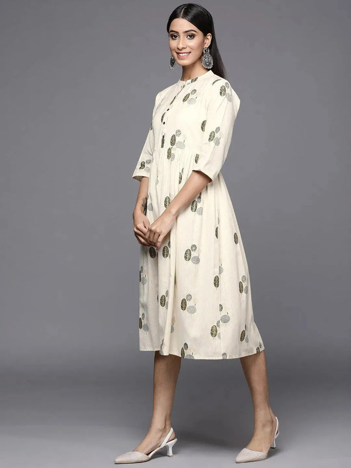 Off White Printed Cotton Fit and Flare Dress - Libas