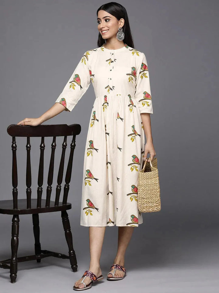 Off White Printed Cotton Fit and Flare Dress - Libas