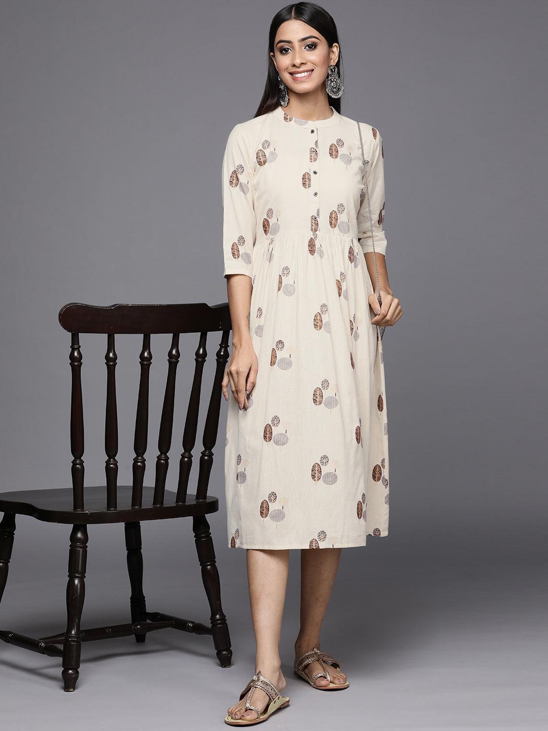 Off White Printed Cotton Fit and Flare Dress - Libas