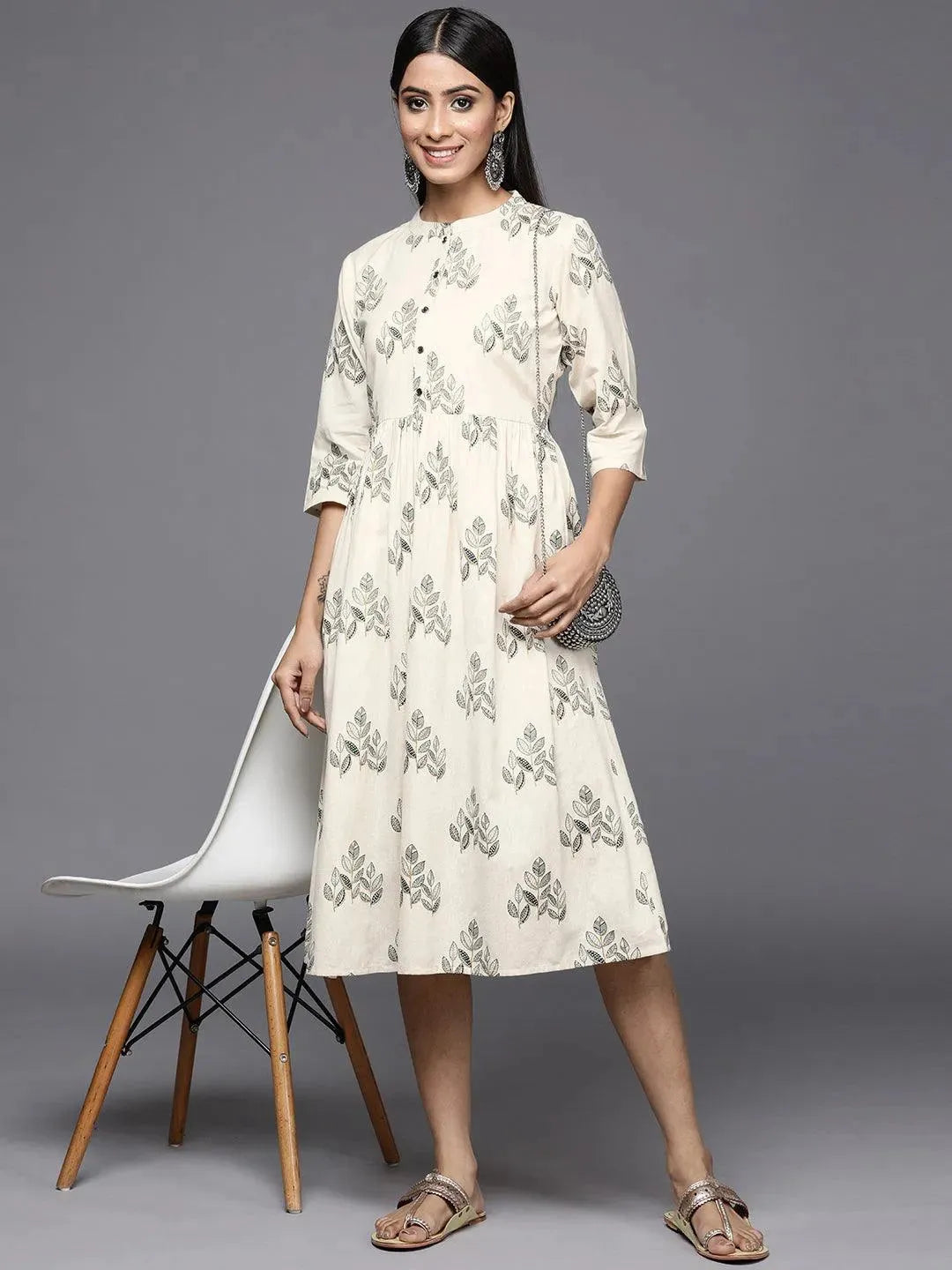 Off White Printed Cotton Fit and Flare Dress - Libas