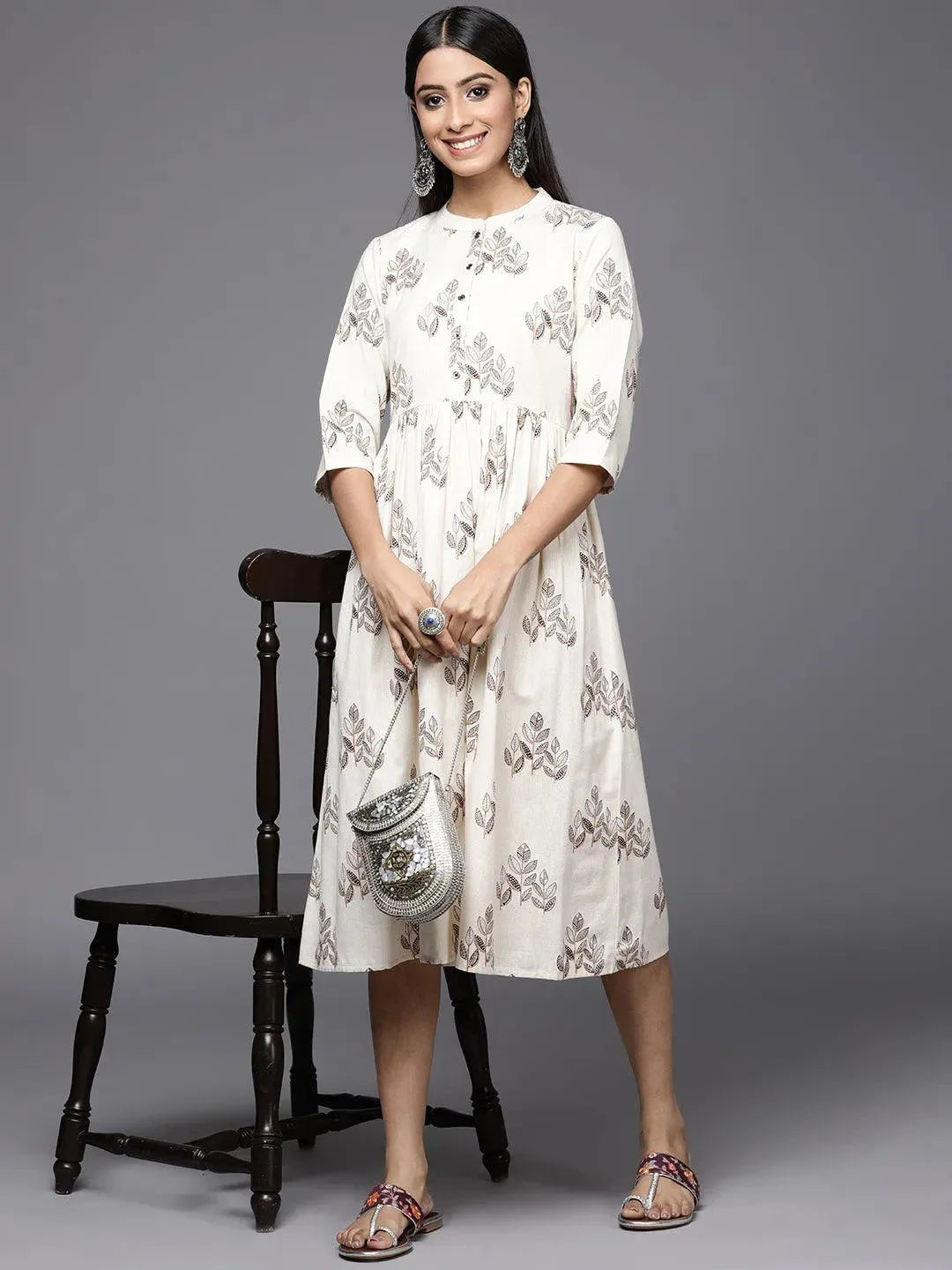 Off White Printed Cotton Fit and Flare Dress - Libas 