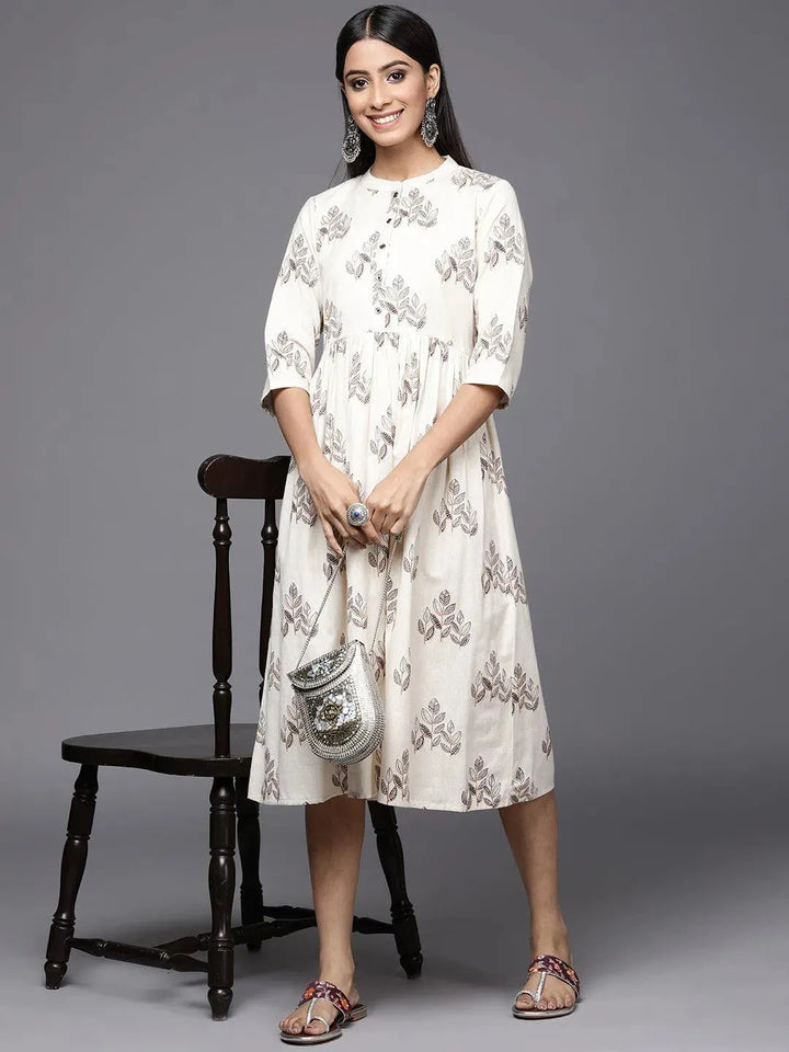 Off White Printed Cotton Fit and Flare Dress - Libas