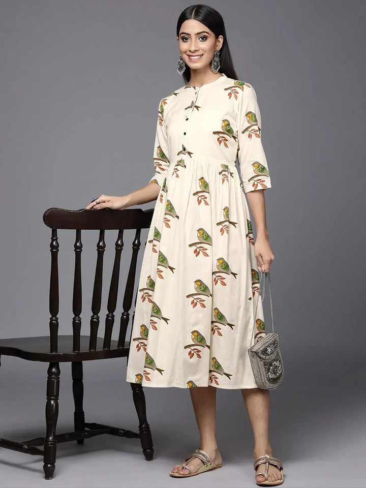 Off White Printed Cotton Fit and Flare Dress - Libas