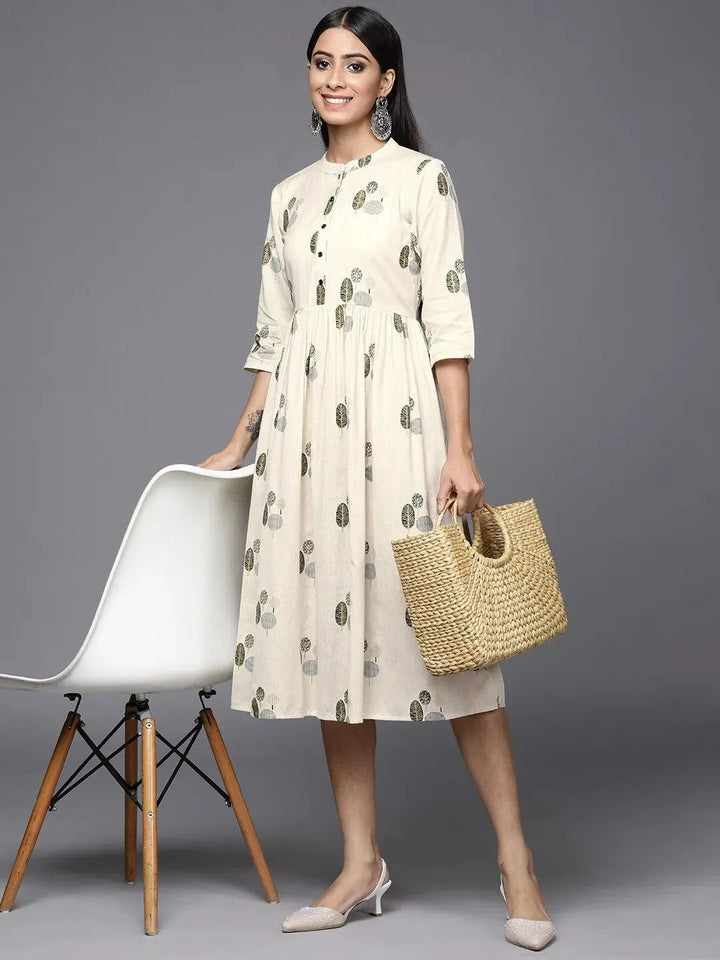 Off White Printed Cotton Fit and Flare Dress - Libas
