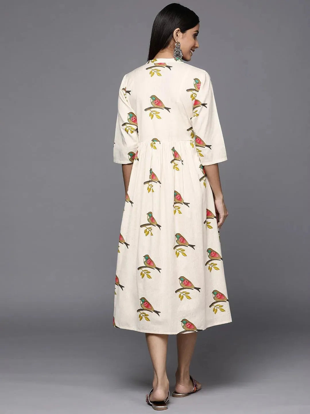 Off White Printed Cotton Fit and Flare Dress - Libas 