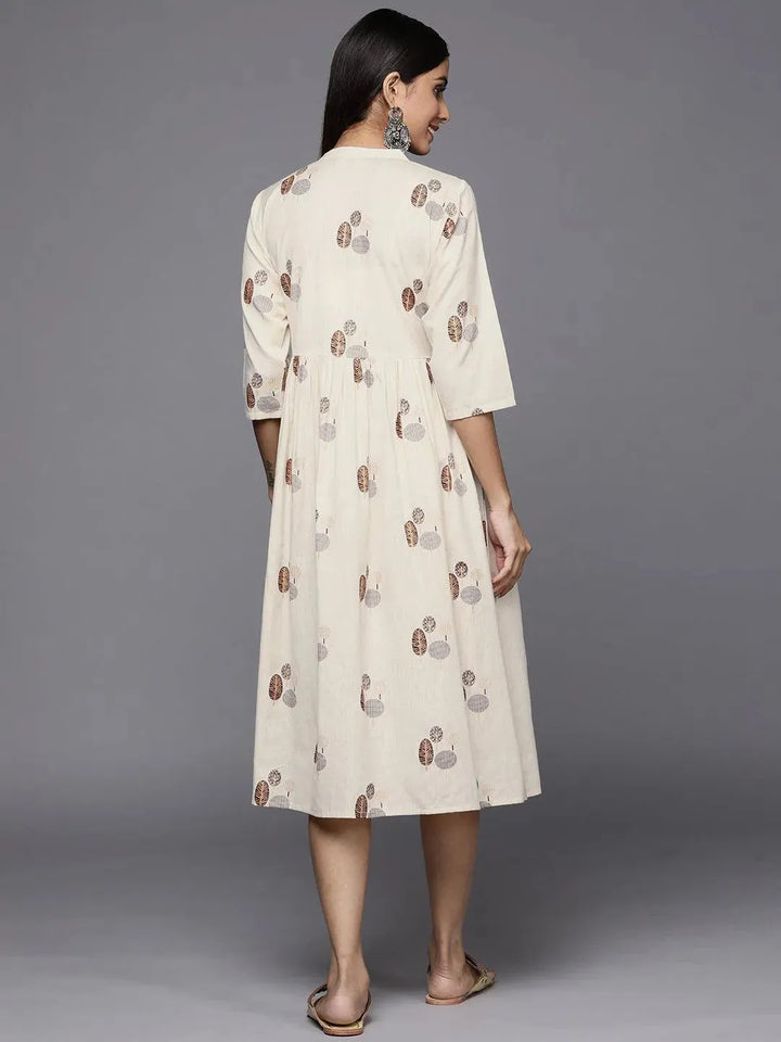 Off White Printed Cotton Fit and Flare Dress - Libas