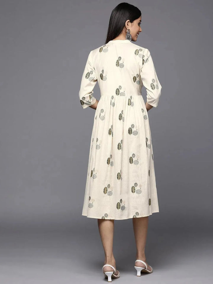 Off White Printed Cotton Fit and Flare Dress - Libas