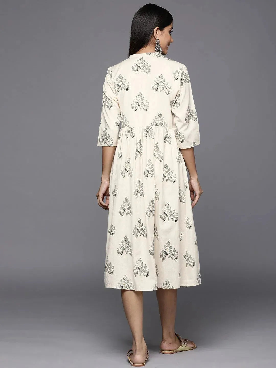 Off White Printed Cotton Fit and Flare Dress - Libas