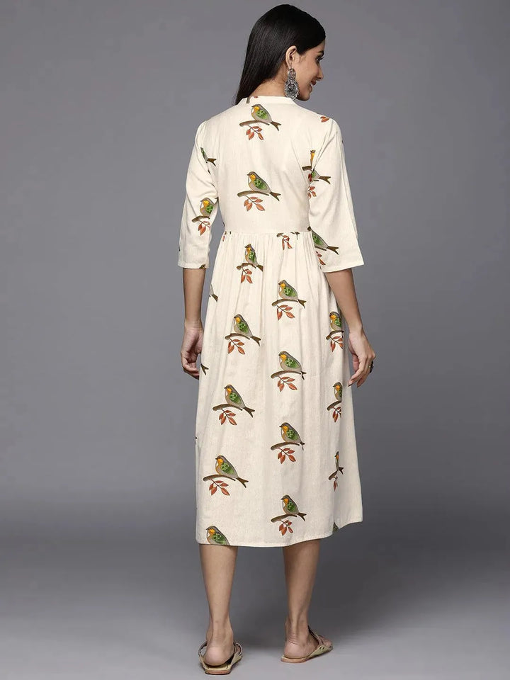 Off White Printed Cotton Fit and Flare Dress - Libas