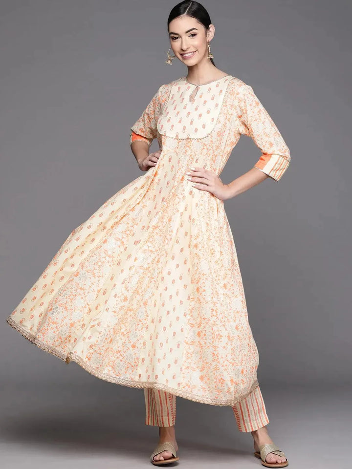 Off White Printed Cotton Kurta - Libas