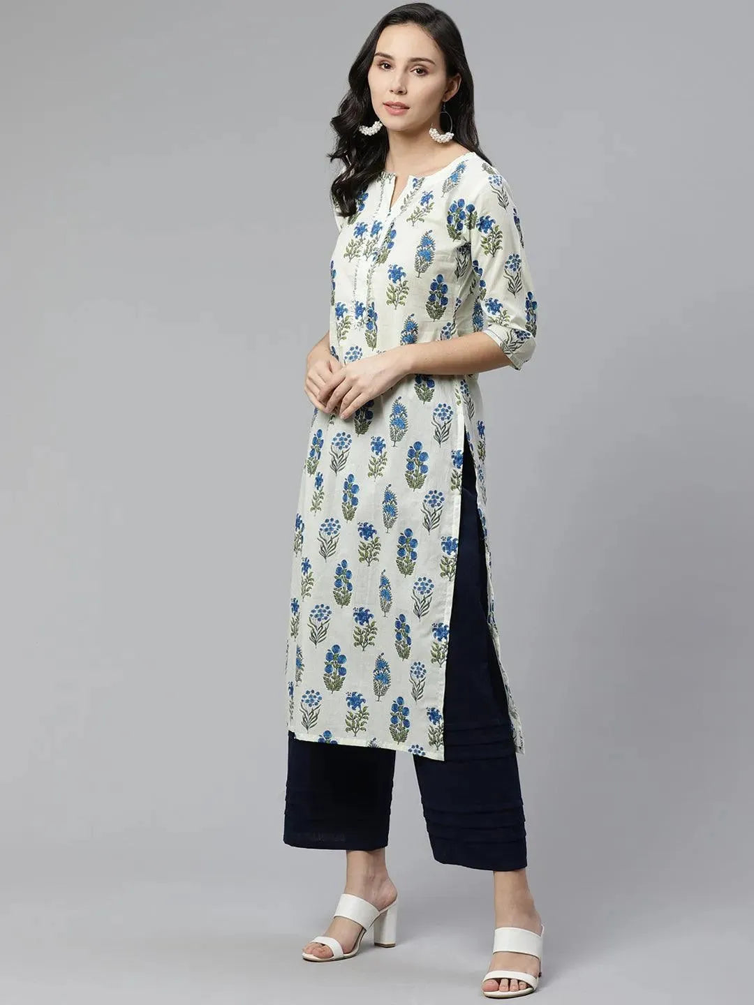 Off-White Printed Cotton Kurta - Libas 