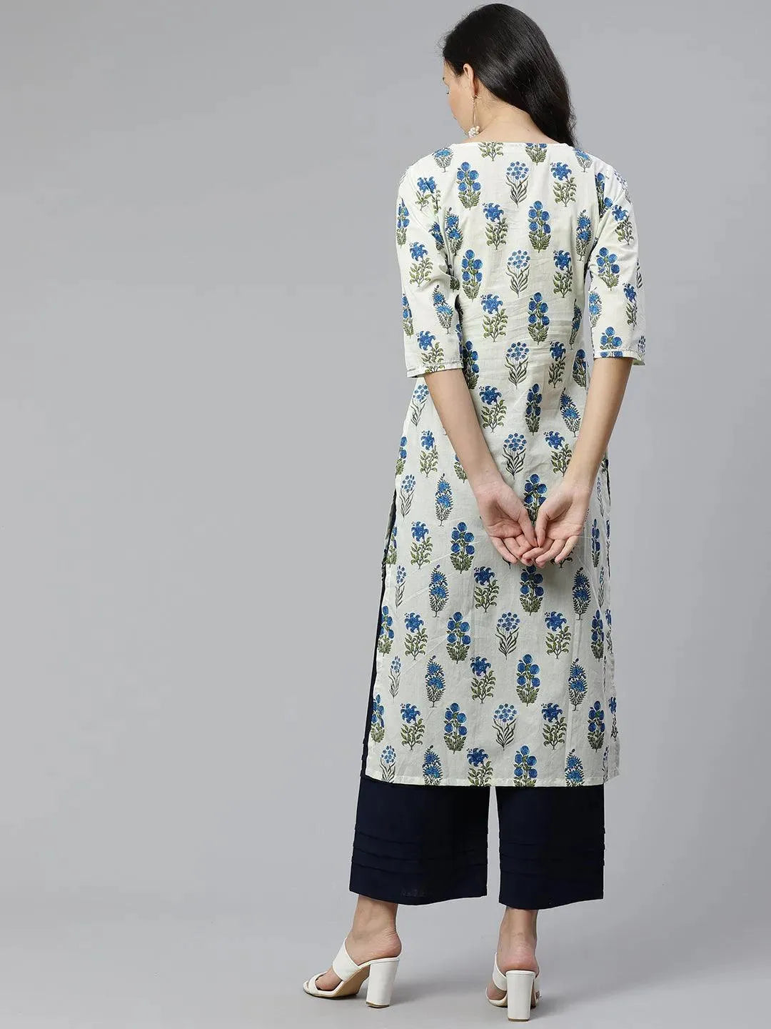 Off-White Printed Cotton Kurta - Libas 