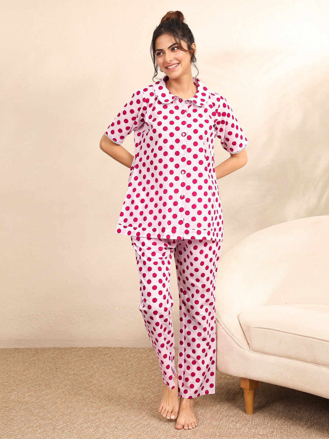 Off White Printed Cotton Night Suit