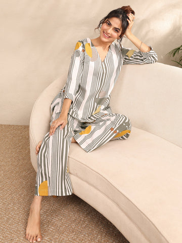 Off White Printed Cotton Night Suit