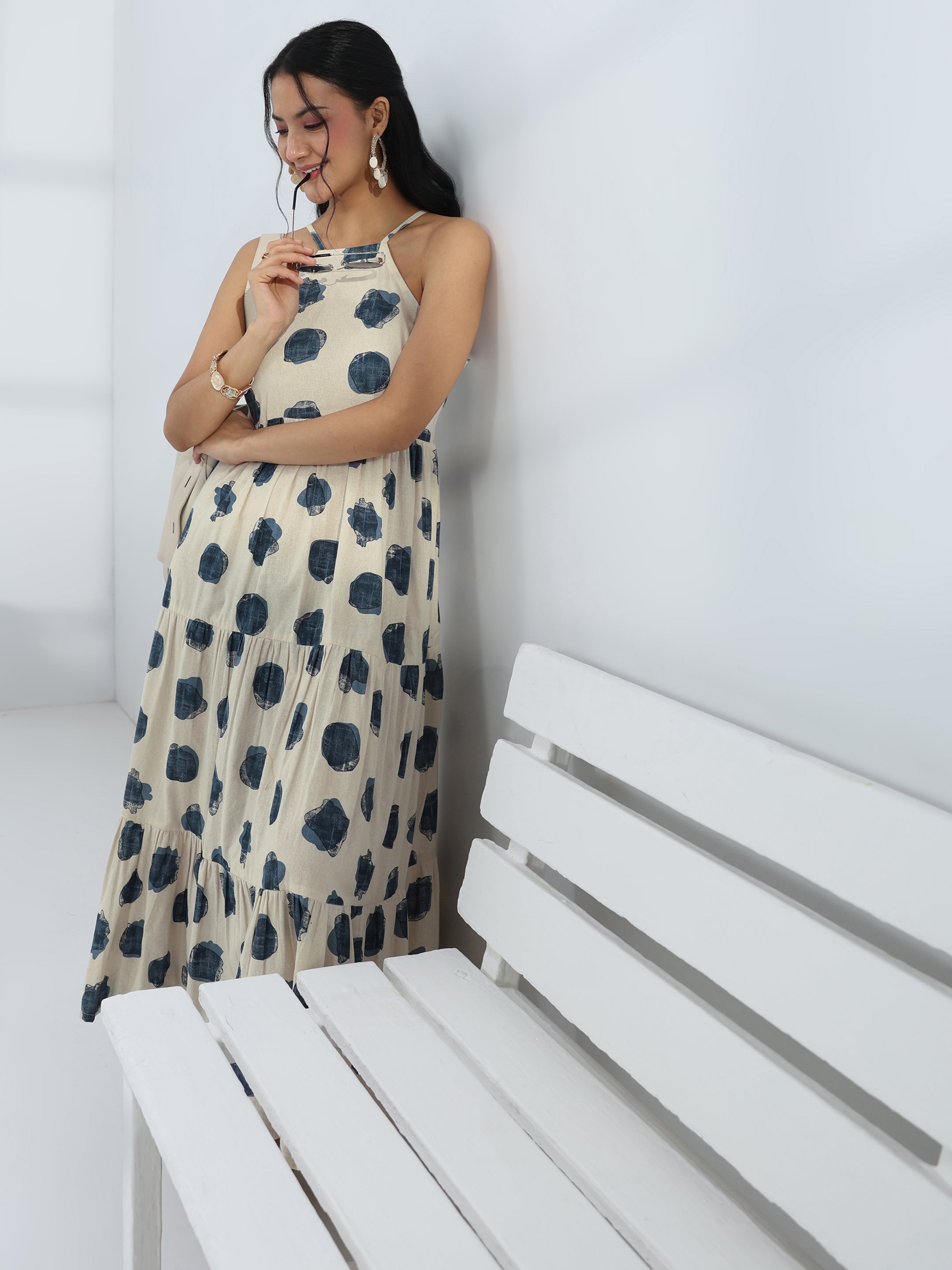 Off White Printed Cotton One-Piece Tiered Dress-image-33