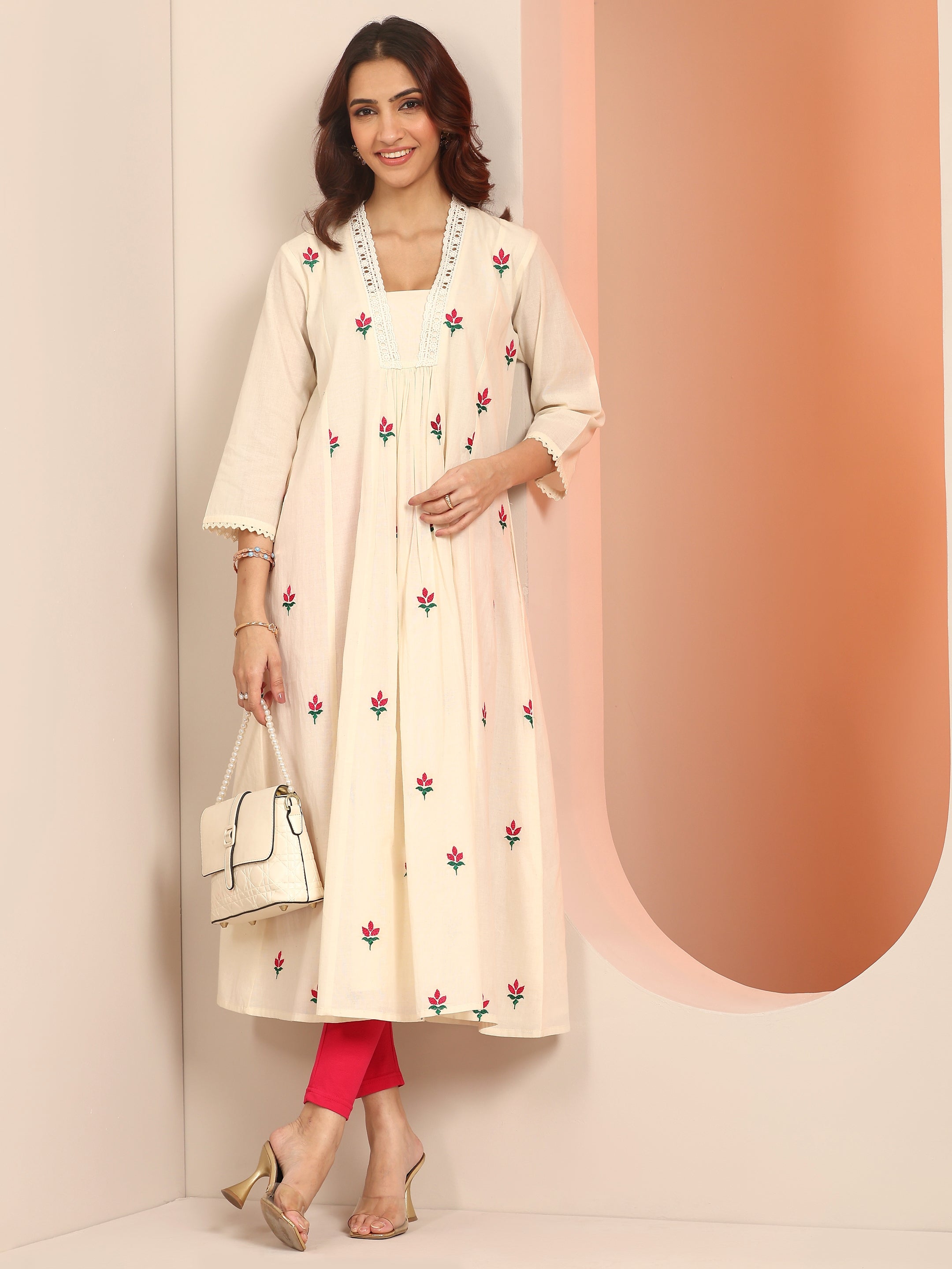 Off White Printed Cotton Pleated A-Line One Piece Dress-image-26