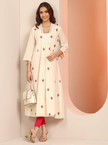 Off White Printed Cotton Pleated A-Line One Piece Dress