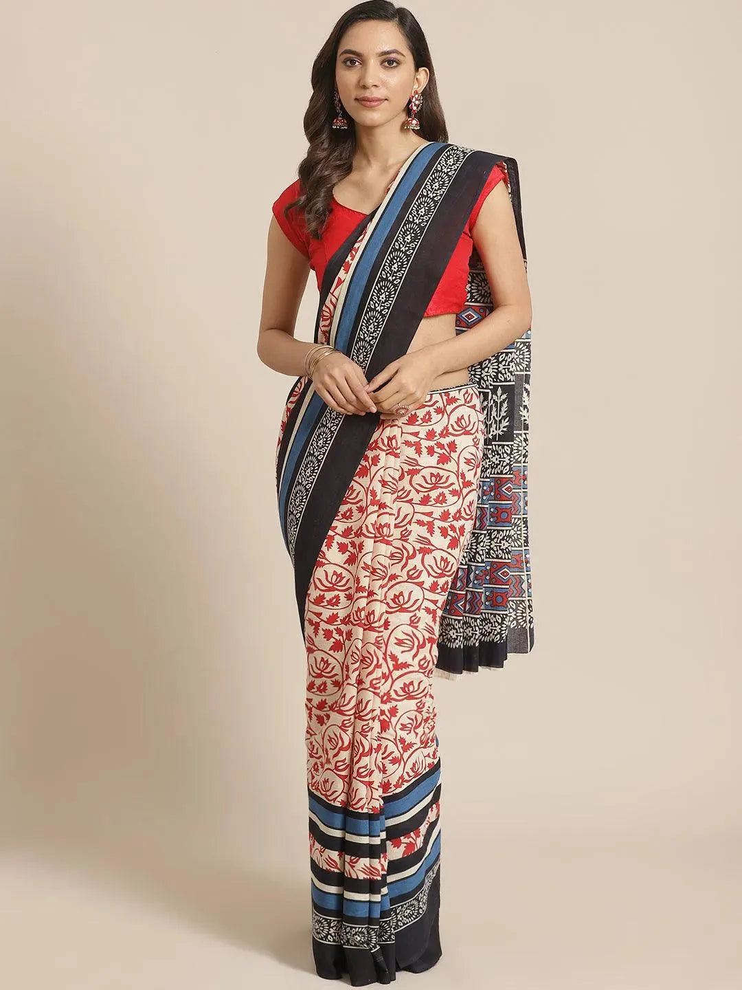 Off White Printed Cotton Saree - Libas