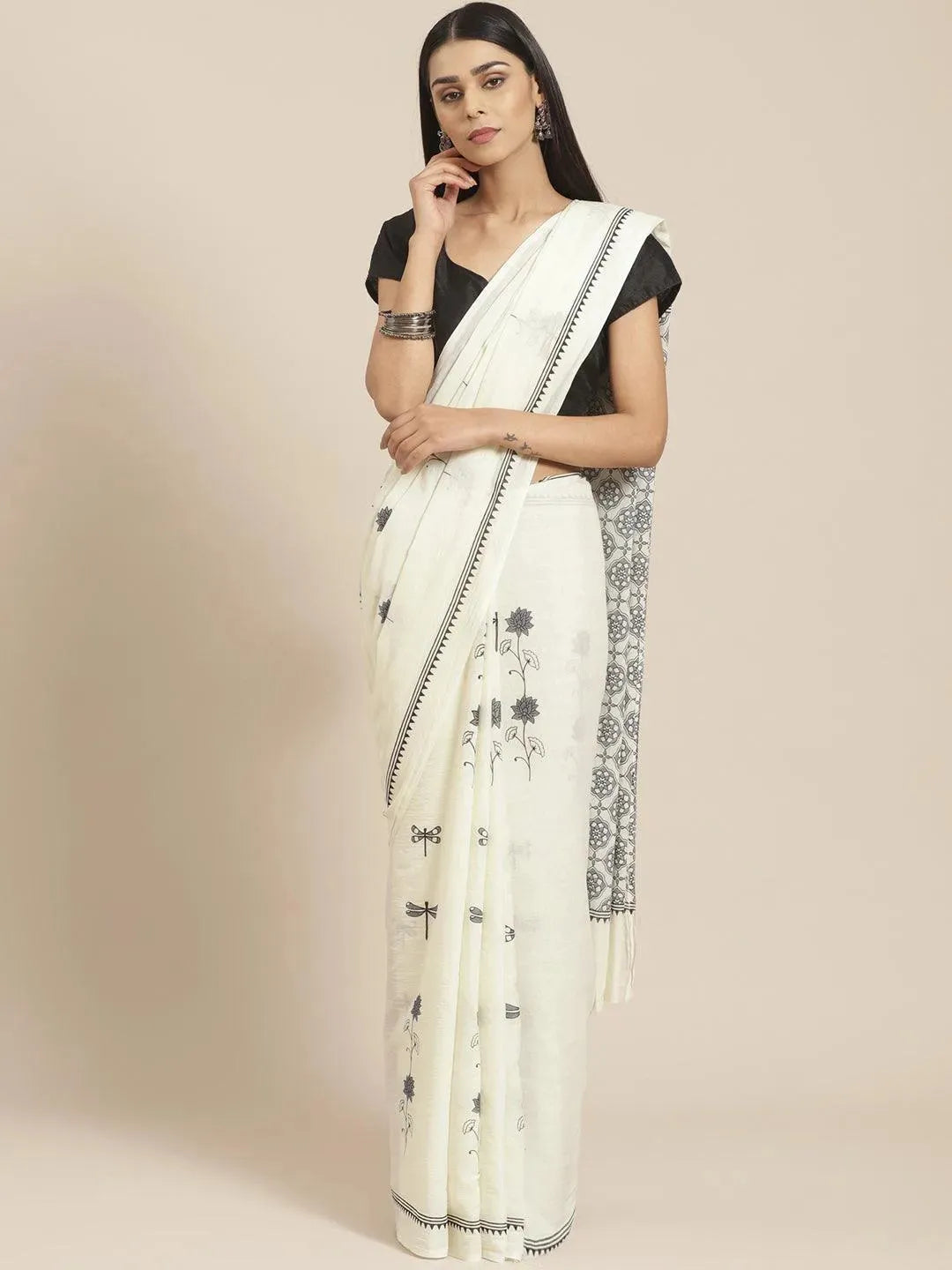 Off White Printed Cotton Saree - Libas