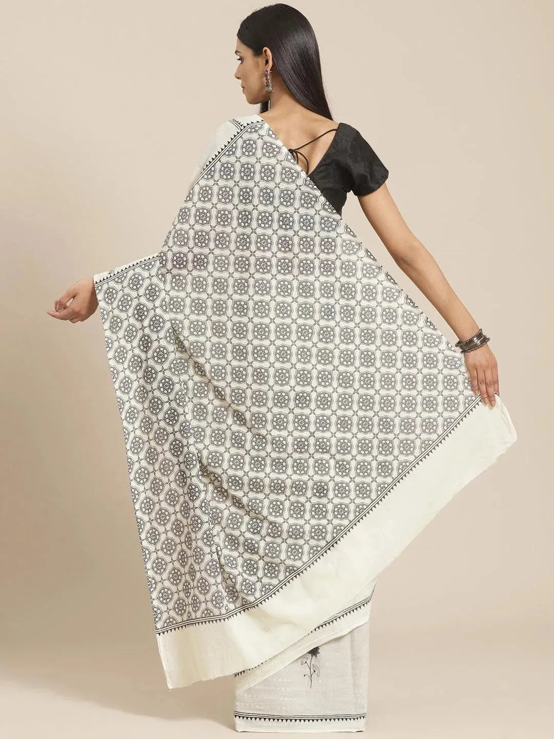 Off White Printed Cotton Saree - Libas 