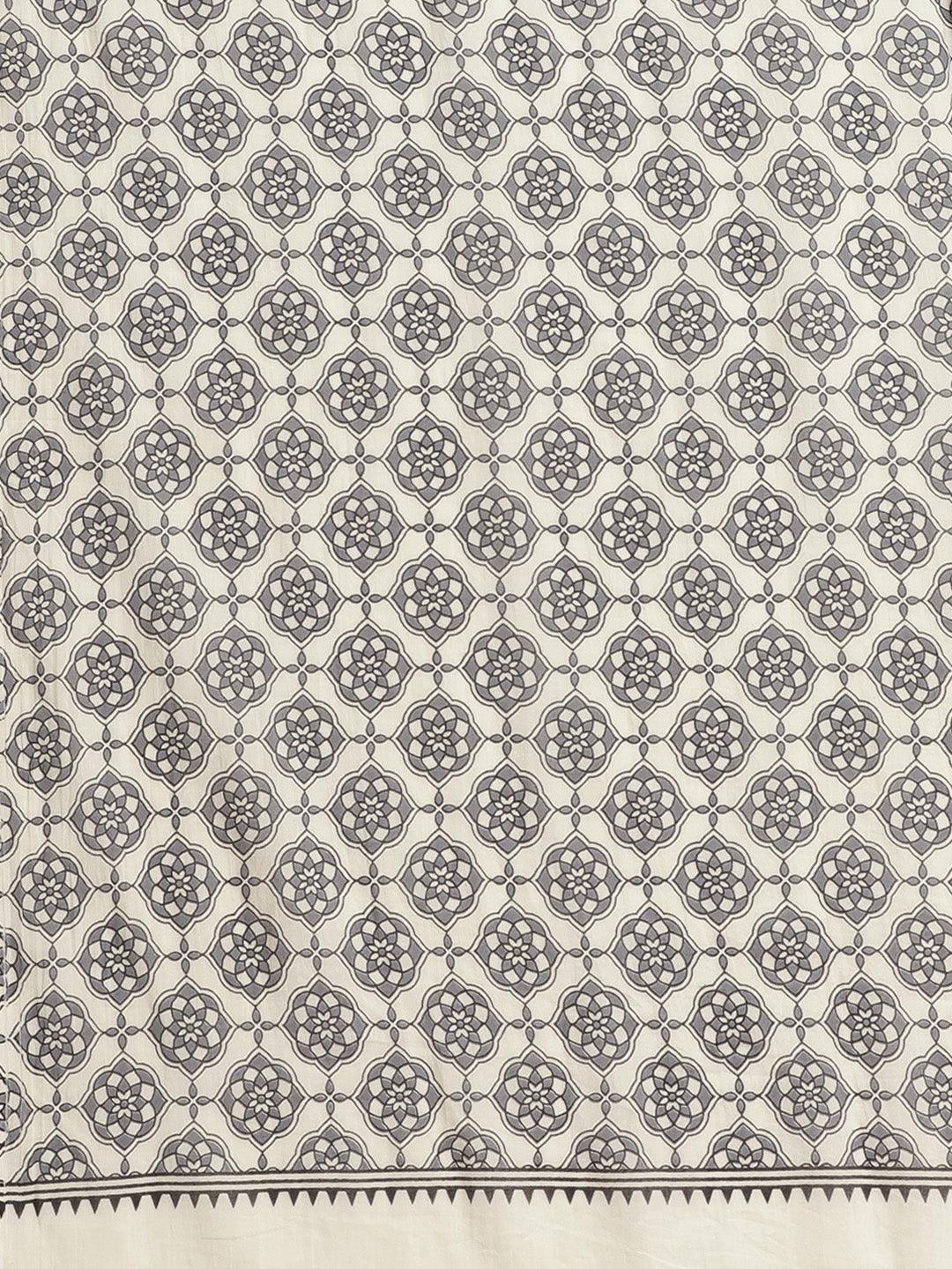 Off White Printed Cotton Saree - Libas