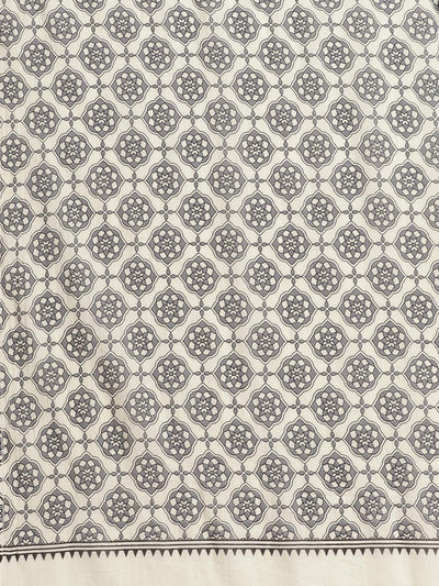 Off White Printed Cotton Saree - Libas