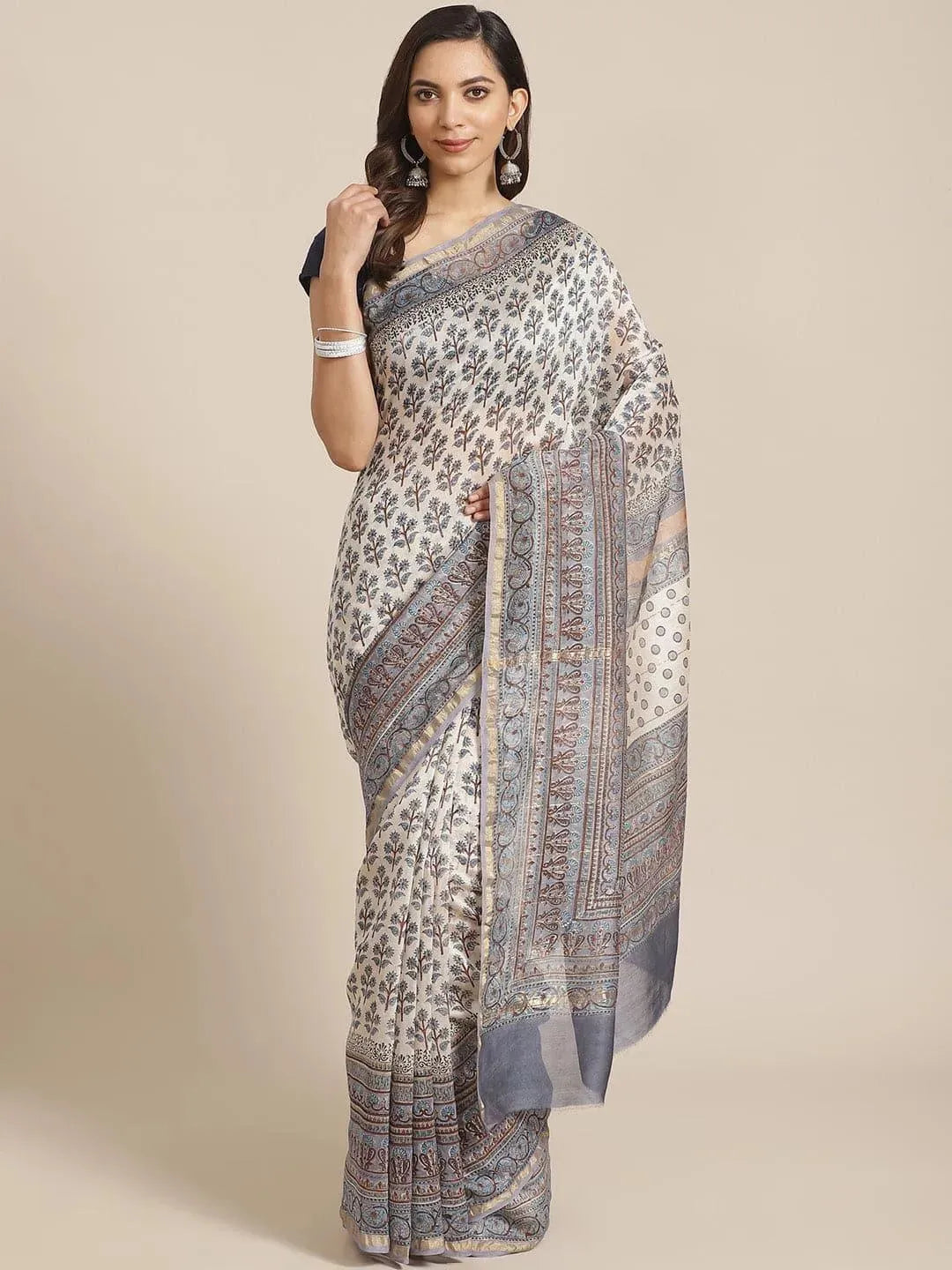 Off White Printed Cotton Silk Saree - Libas