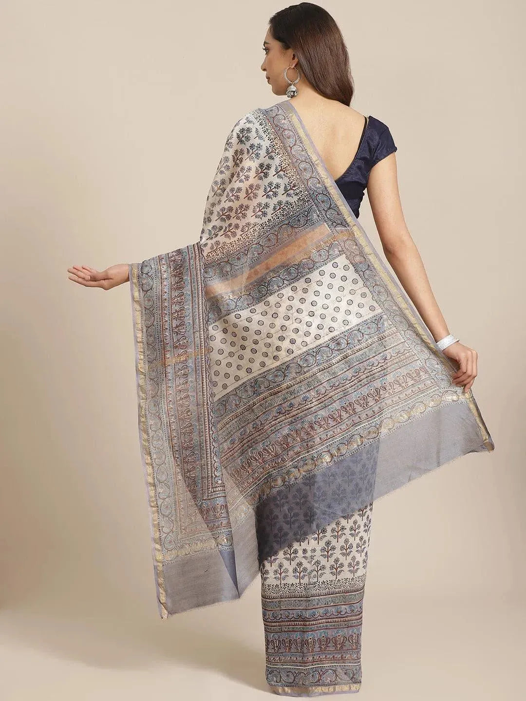 Off White Printed Cotton Silk Saree - Libas