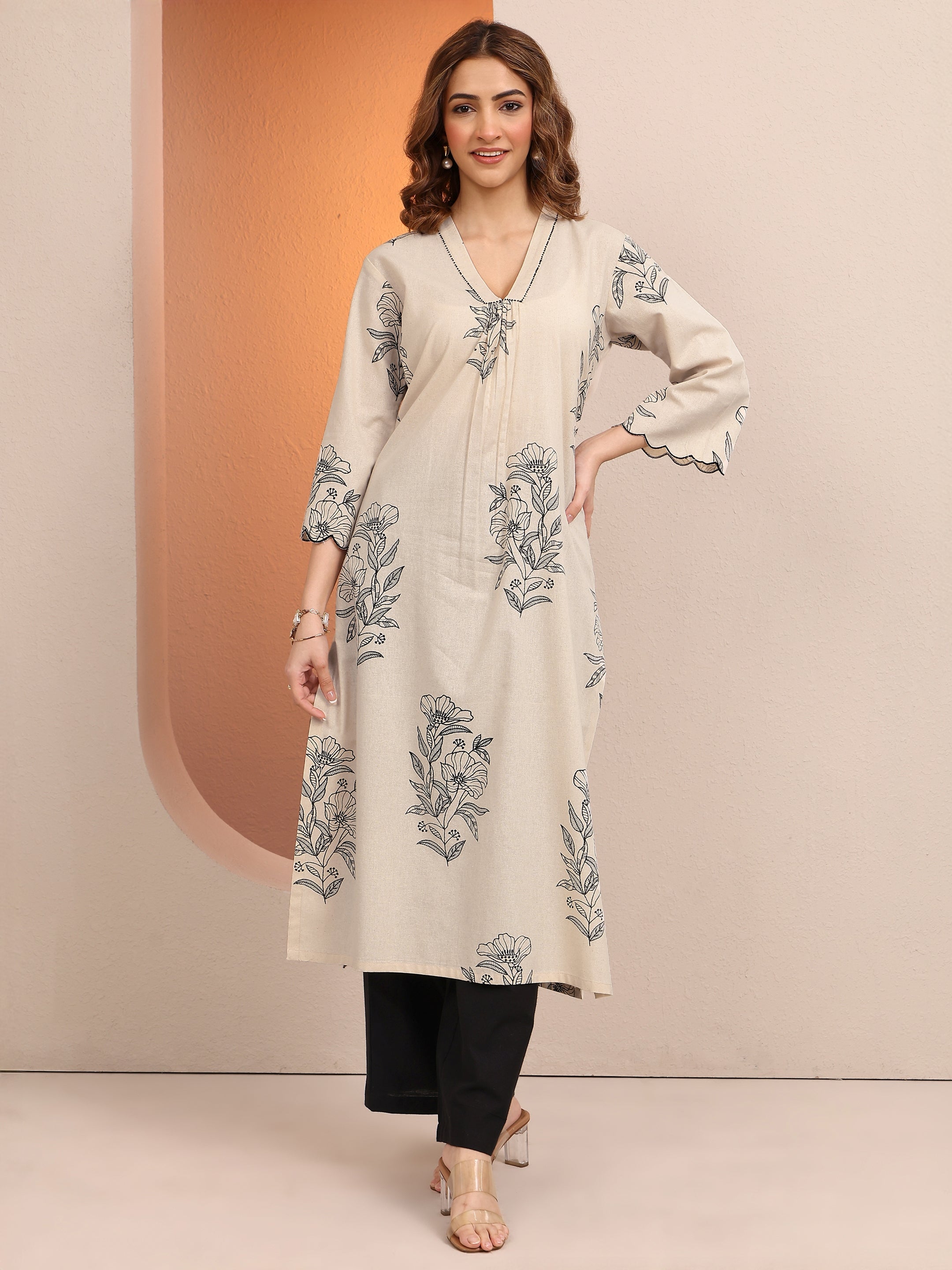 Off White Printed Cotton Straight Kurta-image-30