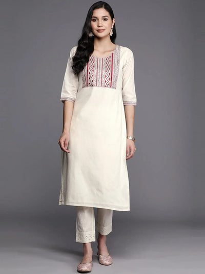 Off White Printed Cotton Straight Kurta - Libas