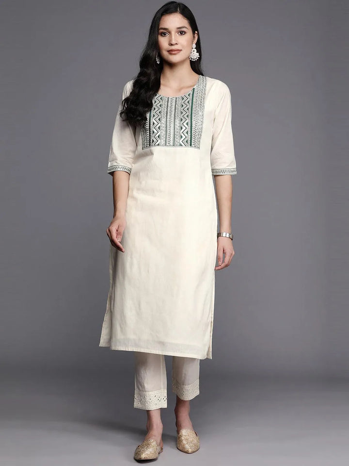 Off White Printed Cotton Straight Kurta - Libas