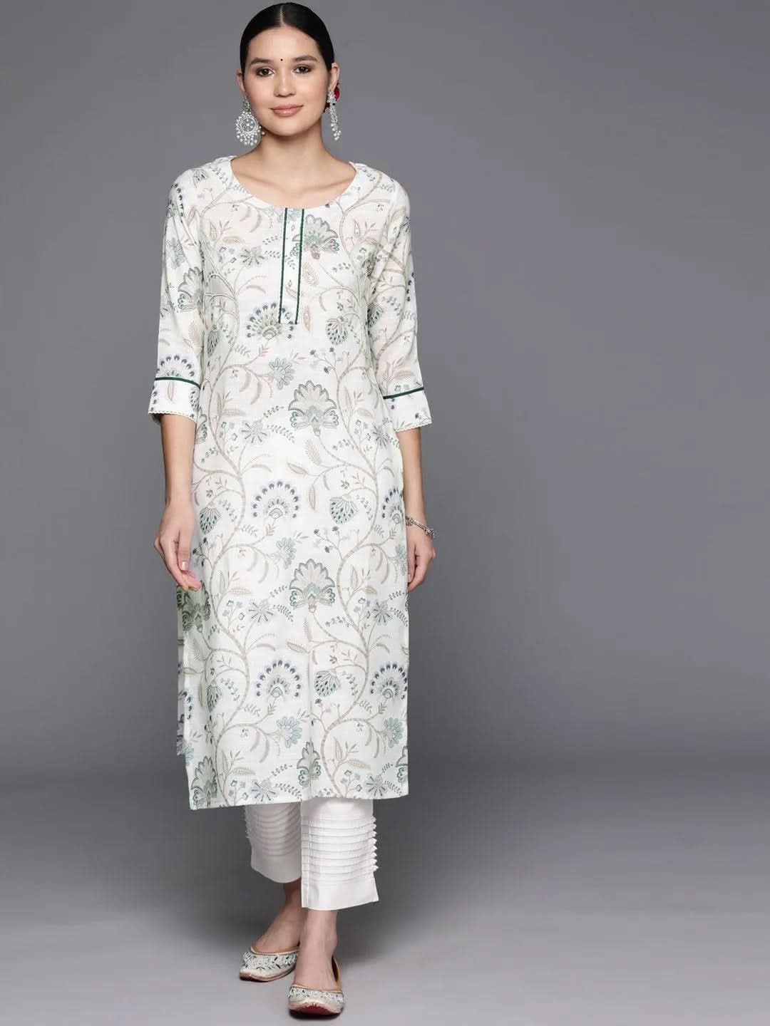 Off White Printed Cotton Straight Kurta - Libas 