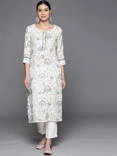 Off White Printed Cotton Straight Kurta - Libas