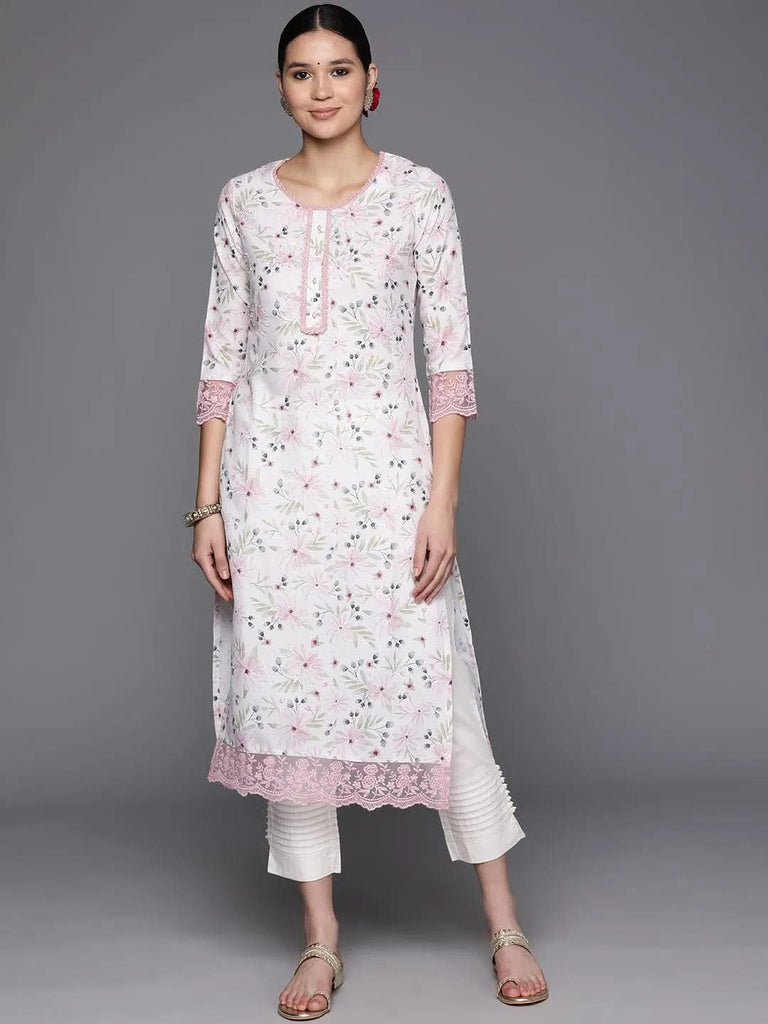 Libas Off White Printed Cotton Straight Kurta