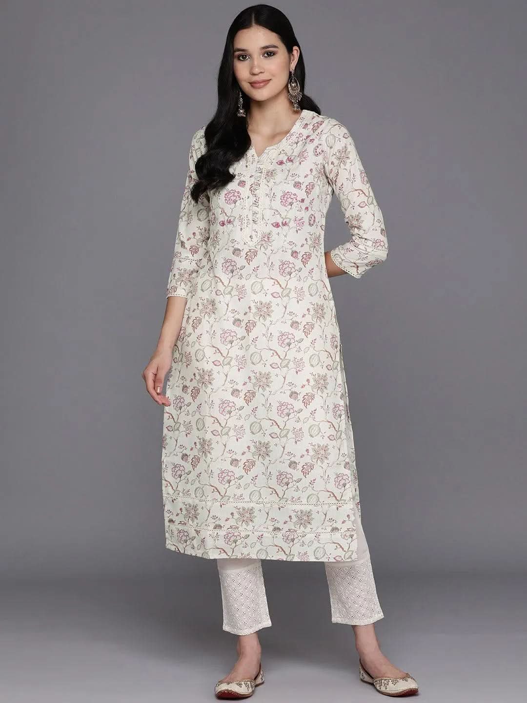 Off White Printed Cotton Straight Kurta - Libas 