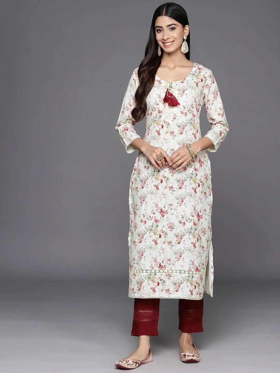 Off White Printed Cotton Straight Kurta - Libas 
