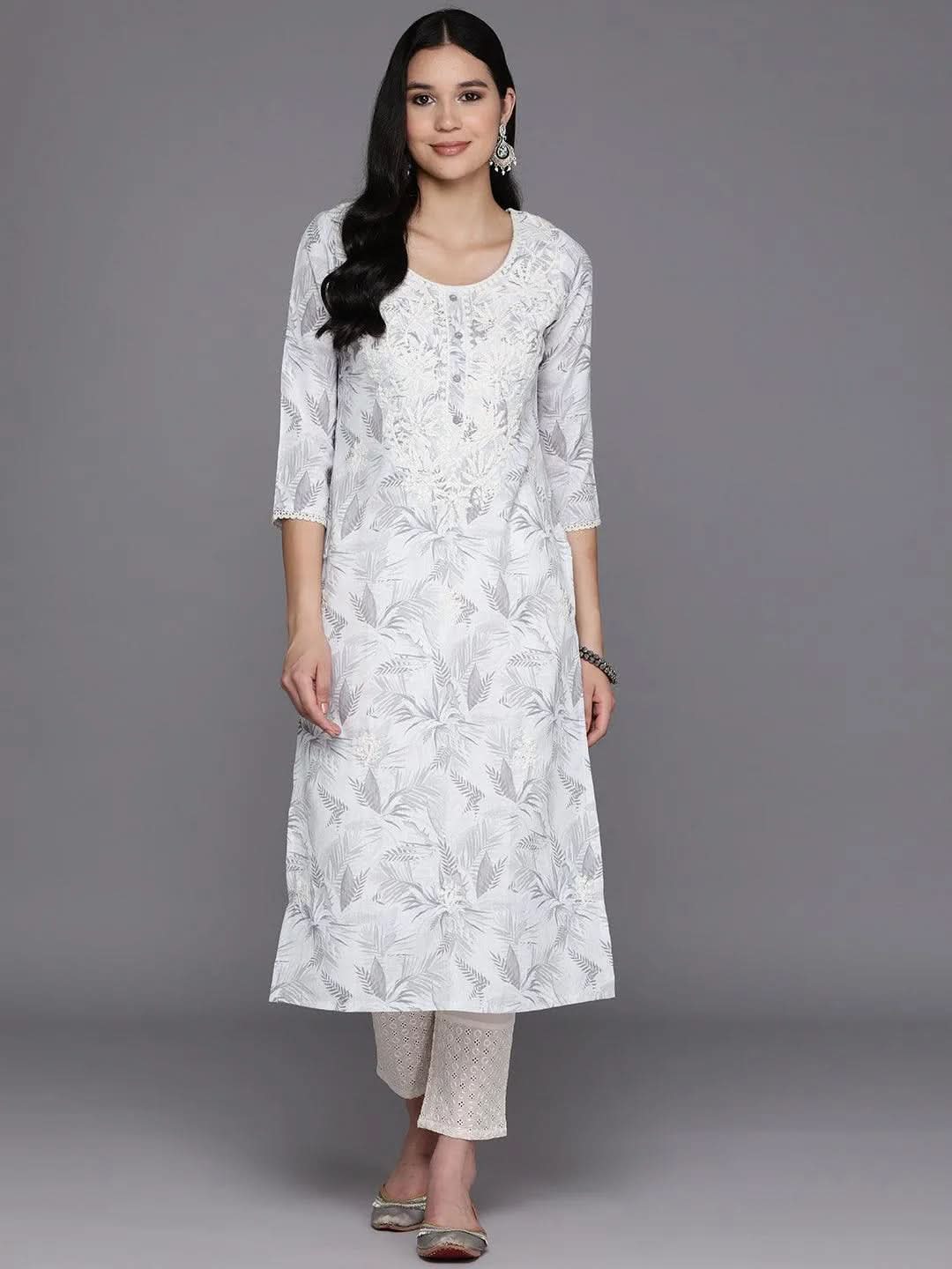 Off White Printed Cotton Straight Kurta - Libas 