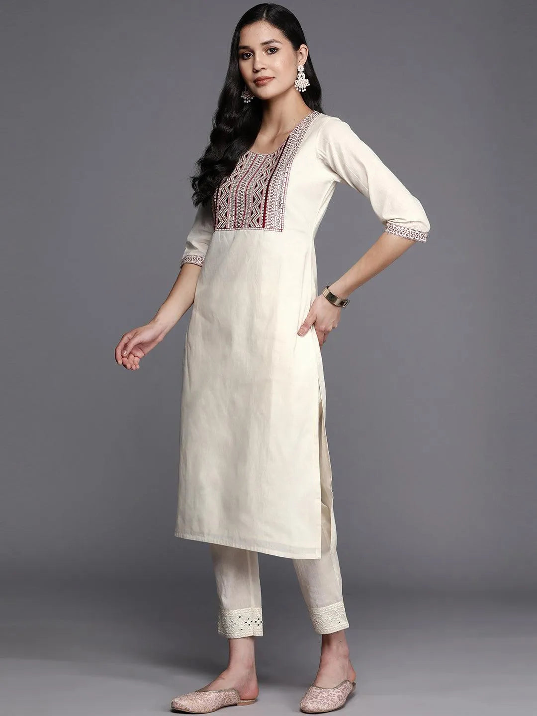 Off White Printed Cotton Straight Kurta - Libas 