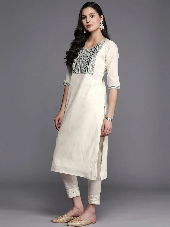 Off White Printed Cotton Straight Kurta - Libas