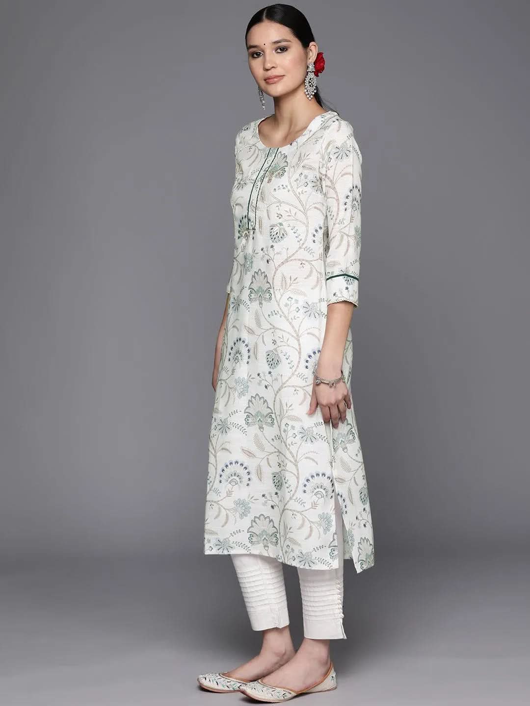 Off White Printed Cotton Straight Kurta - Libas 