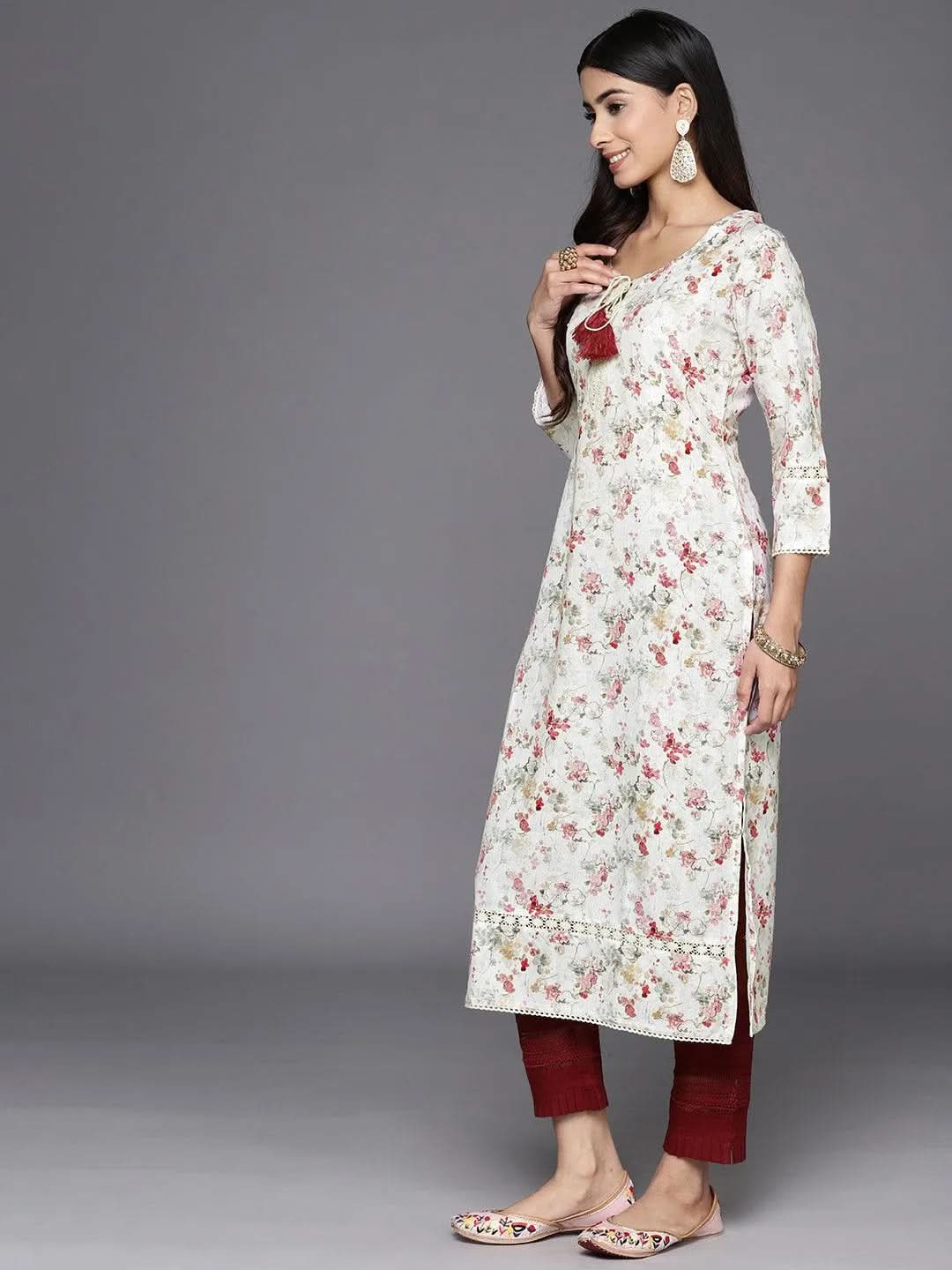 Off White Printed Cotton Straight Kurta - Libas 