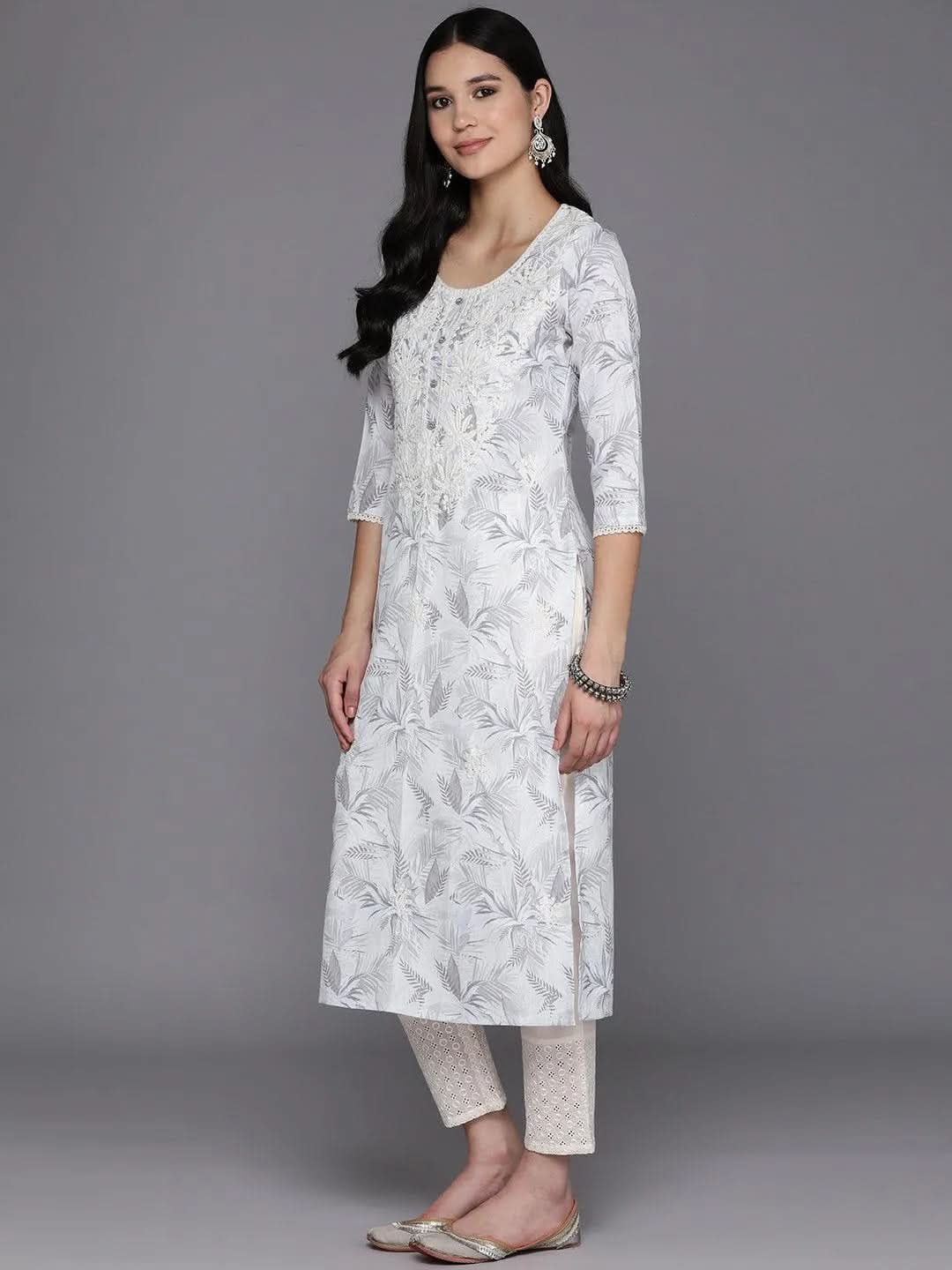 Off White Printed Cotton Straight Kurta - Libas 