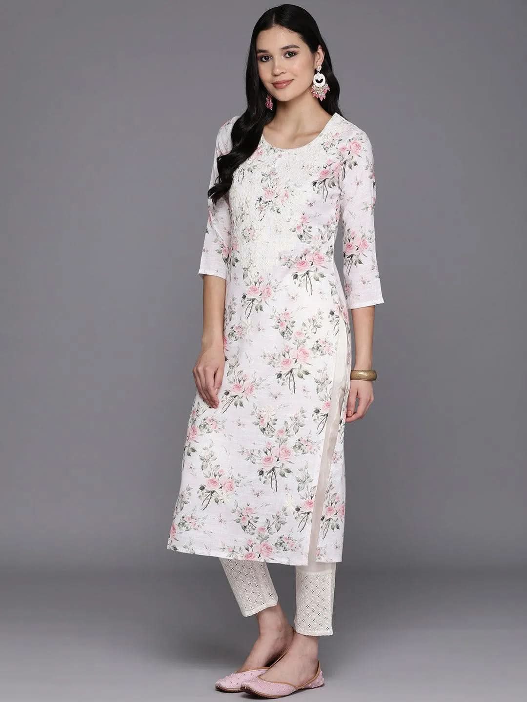 Off White Printed Cotton Straight Kurta - Libas 