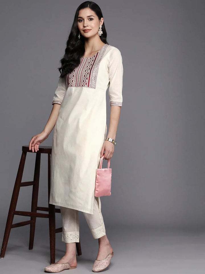 Off White Printed Cotton Straight Kurta - Libas