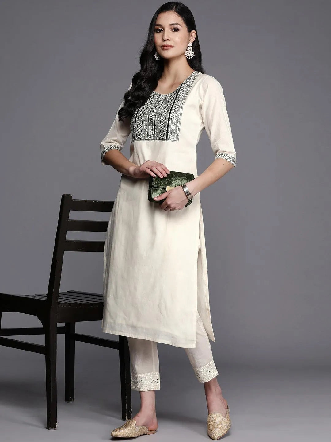 Off White Printed Cotton Straight Kurta - Libas 