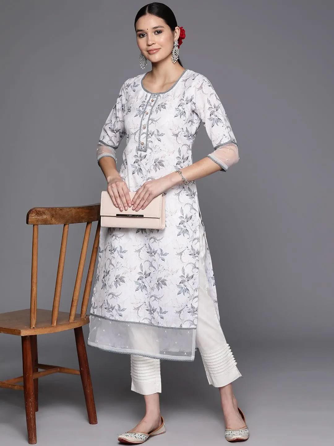 Off White Printed Cotton Straight Kurta - Libas 