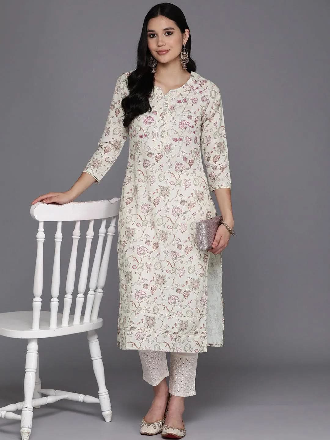 Off White Printed Cotton Straight Kurta - Libas 