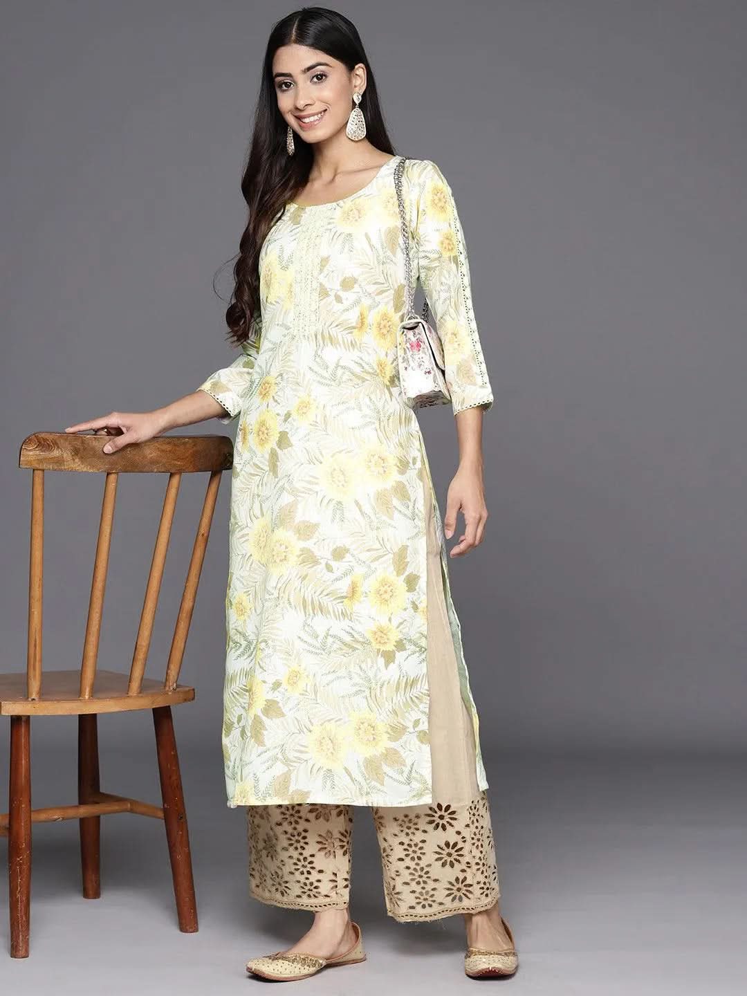 Off White Printed Cotton Straight Kurta - Libas 